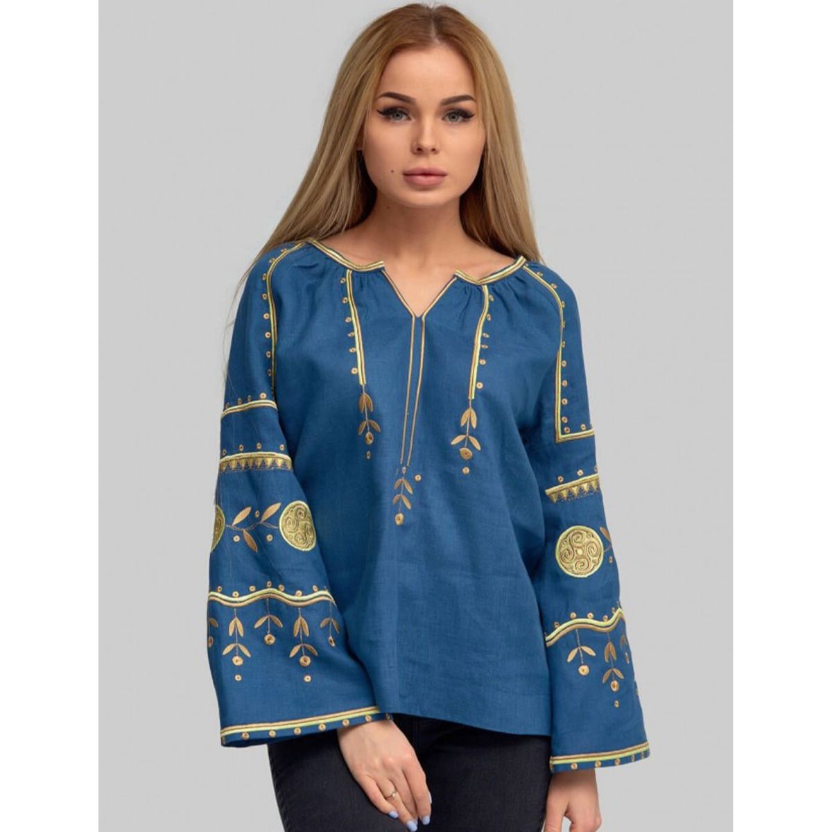 Вишиванка Ukrglamour, жіноча лляна вишита блуза, blue 2, р.XS (UKR-5185) thumbnail popup