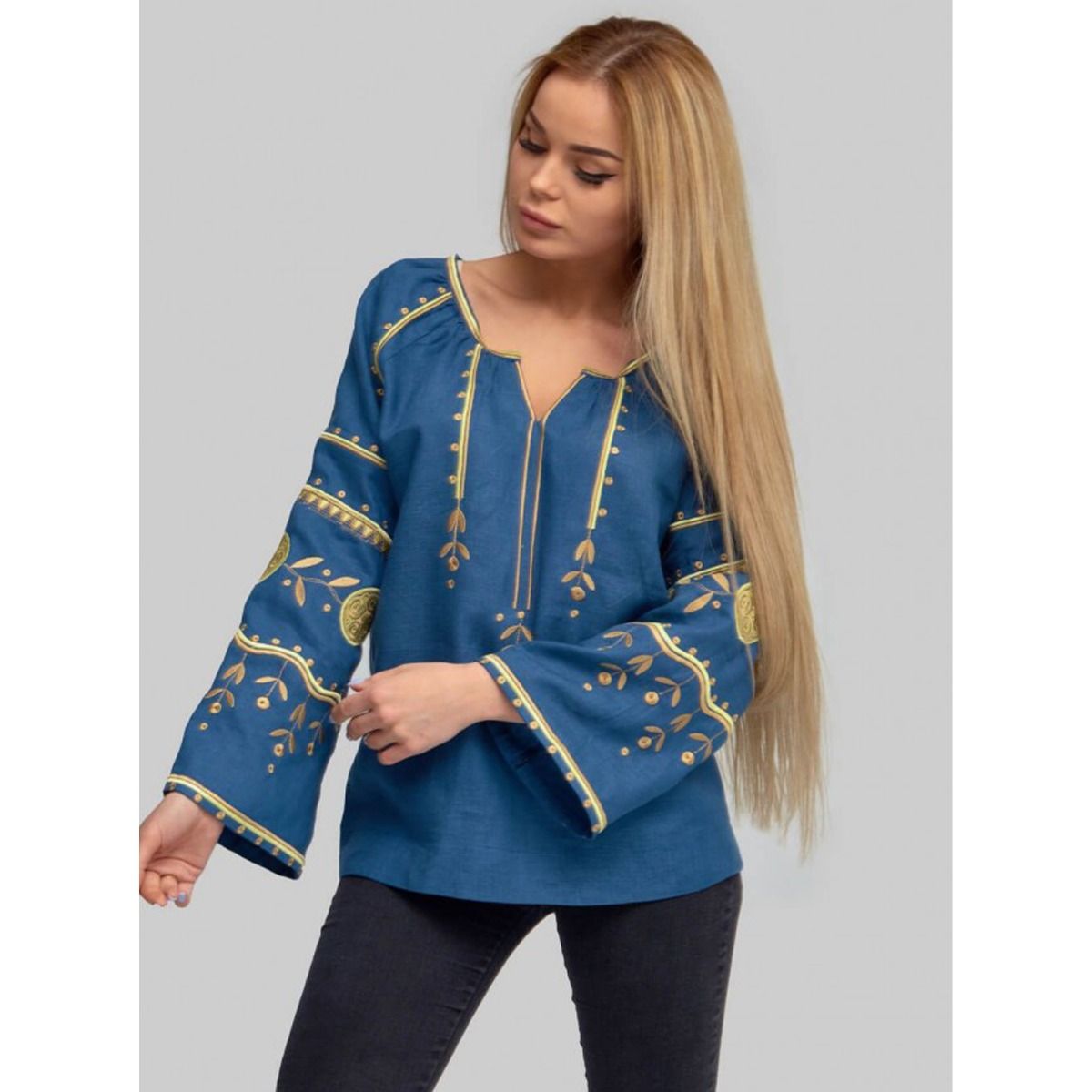 Вишиванка Ukrglamour, жіноча лляна вишита блуза, blue 2, р.XS (UKR-5185) - 32939 thumbnail popup