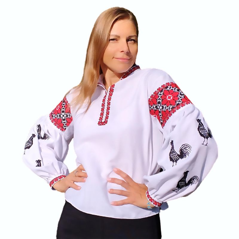 Жіноча вишита сорочка Liko, ручна робота, біла з орнаментом Півники, р.44 (L1/L5) thumbnail popup
