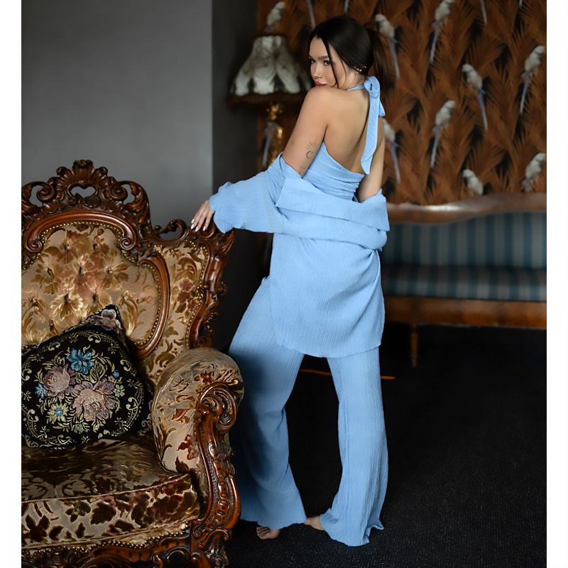 Жіночий костюм-трійка Dominica (сорочка топ штани) віскоза жатка блакитний M (20748) thumbnail popup