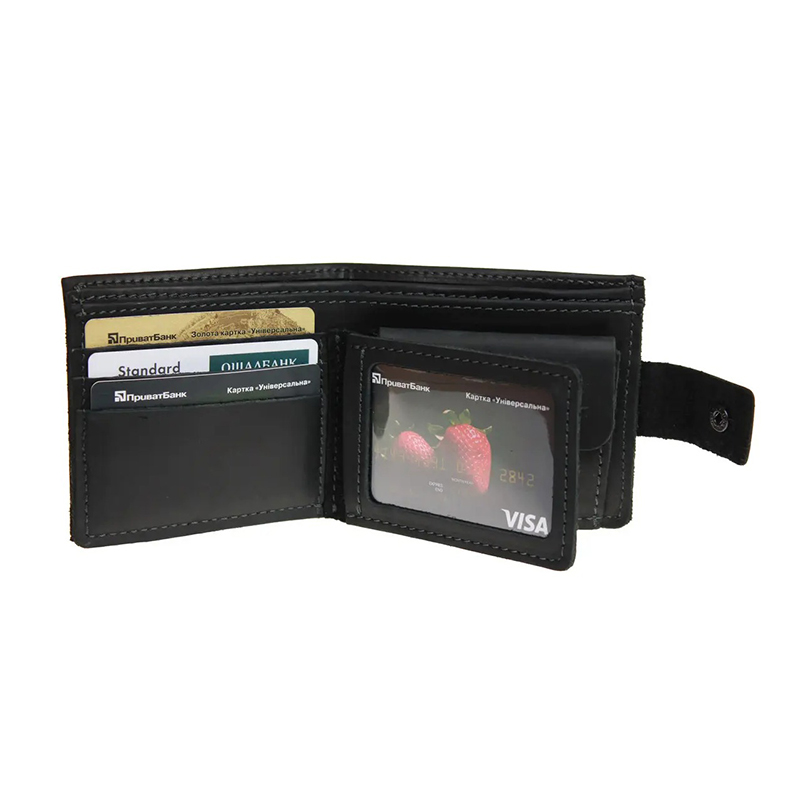 Гаманець чоловічий шкіряний портмоне з монетницею та прозорим відділенням чорний
 large popup