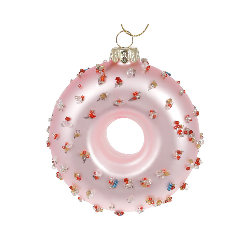 Ялинкова прикраса Пончик з декором з бісеру, рожева, 10см large popup