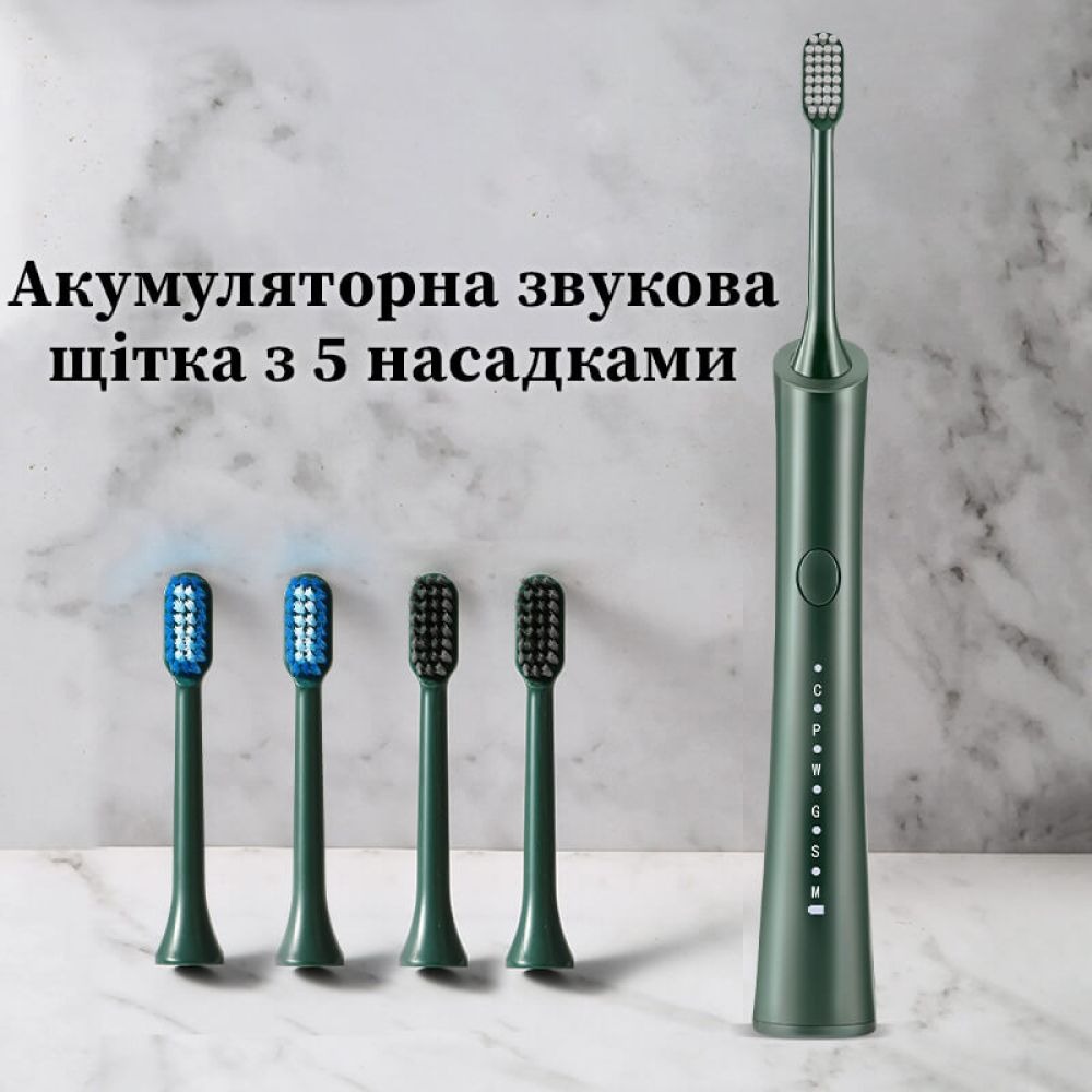 Електрична зубна щітка акумуляторна звукова з 5 насадками Wi XBН168. Хакі large popup