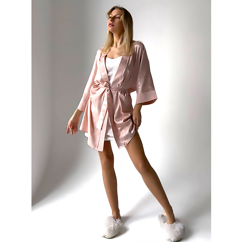 Комплект для дому Domino з шовку, сорочка та халат, ніжно рожевий, р.S (1010) large popup