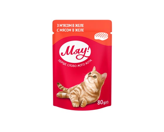 Корм 'Мяу' консервований для дорослих котів, з м'ясом желе, 80 г. (7111) large popup