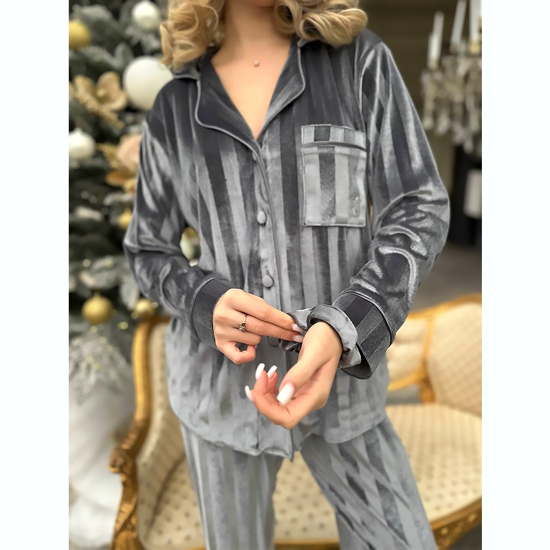 Костюм для дому Domino Victoria's Secret бархат, сірий в смужку, р.L (1160) large popup