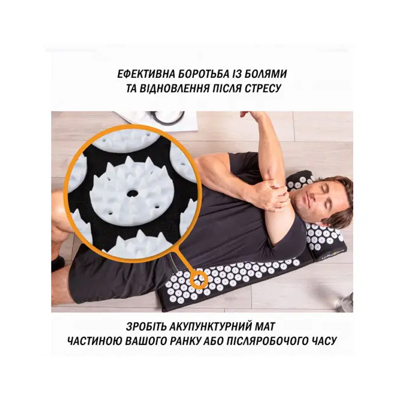 Масажний килимок Easyfit з подушкою (аплікатор Кузнєцова) Чорний з білим large popup