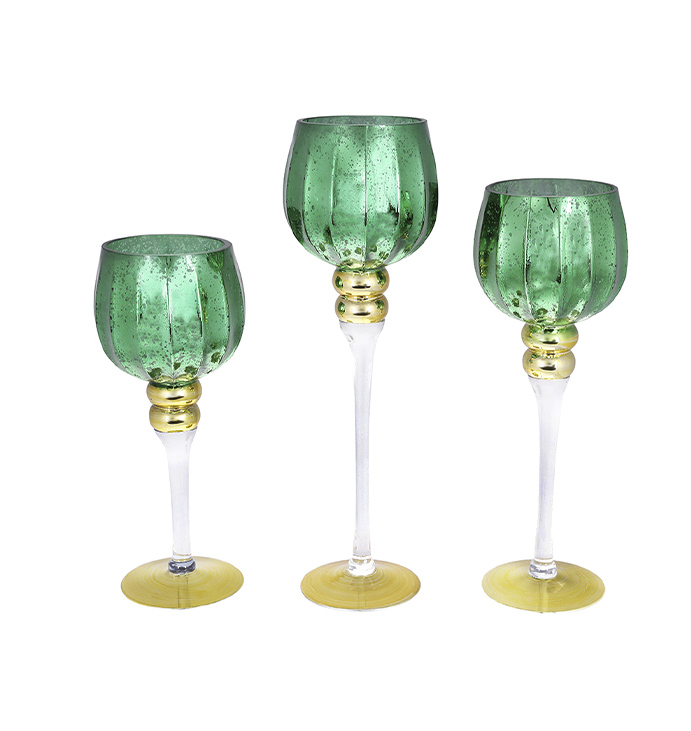 Набір (3 шт) скляних свічників, 30/35/40см, колір - смарагдово-зелений із золотом large popup