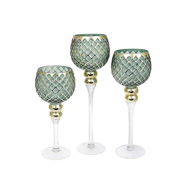 Набір (3 шт) скляних свічників, 30/35/40см, колір - зелений із золотим візерунком large popup