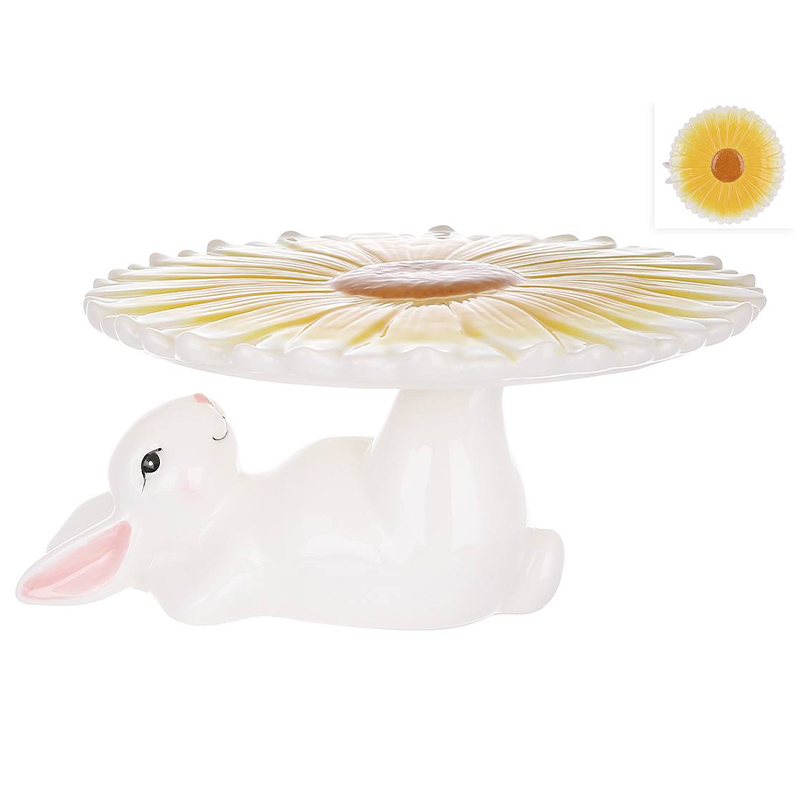 Підставка для паски/торта керамічна Кролик з квіткою, D22.8*12см, колір - білий з жовтим large popup