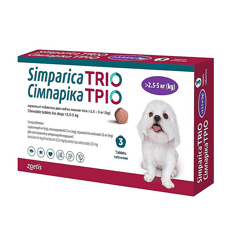Пігулка для собак від бліх та кліщів Simparica ТРІО 2,6-5кг, 3 пігулки МП
 large popup