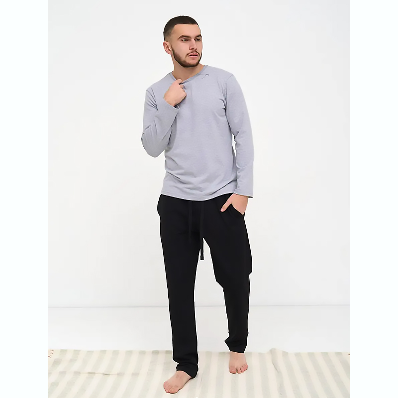 Піжама Handy Wear чоловіча Cotton Basic лонгслів сірий   штани прямі чорні, р.XL (0810-1) large popup