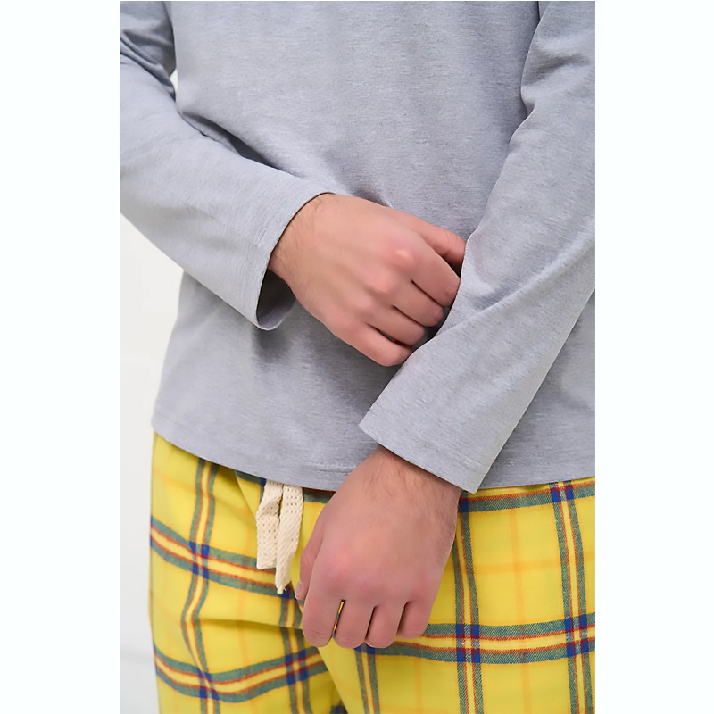 Піжама Handy Wear чоловіча лонгслів сірий   штани в клітинку жовті, р.2XL (0825) large popup
