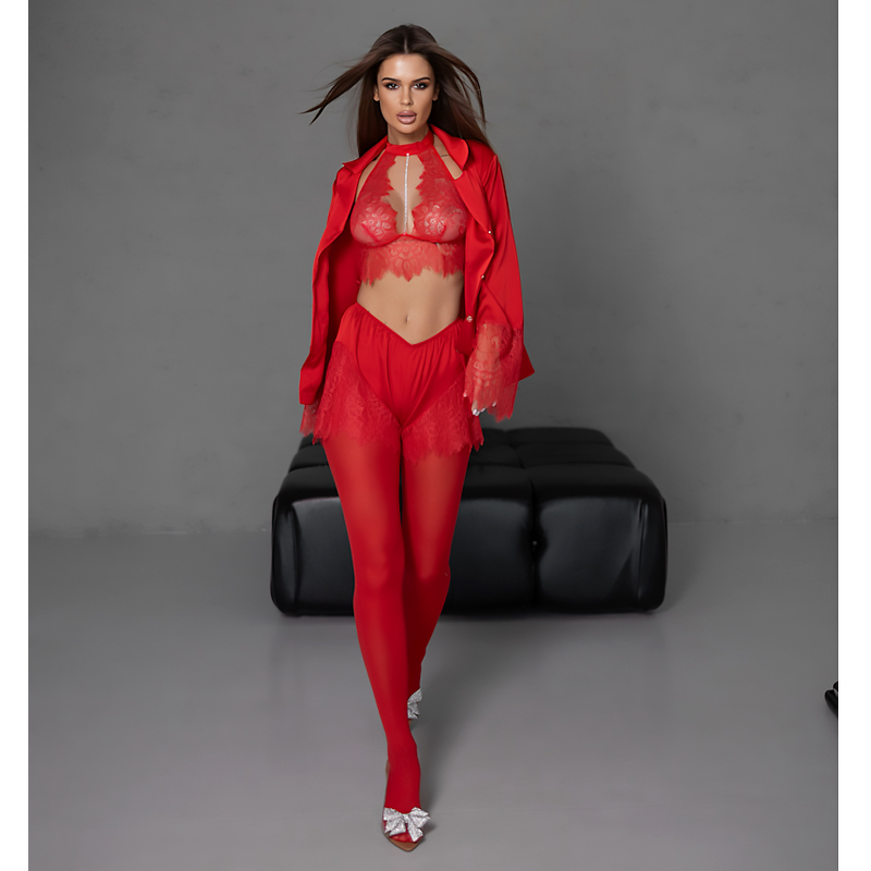 Піжамний костюм-трійка Angelica (сорочка+топ+шорти) шовк Армані та мереживо червоний M-L (30118) large popup