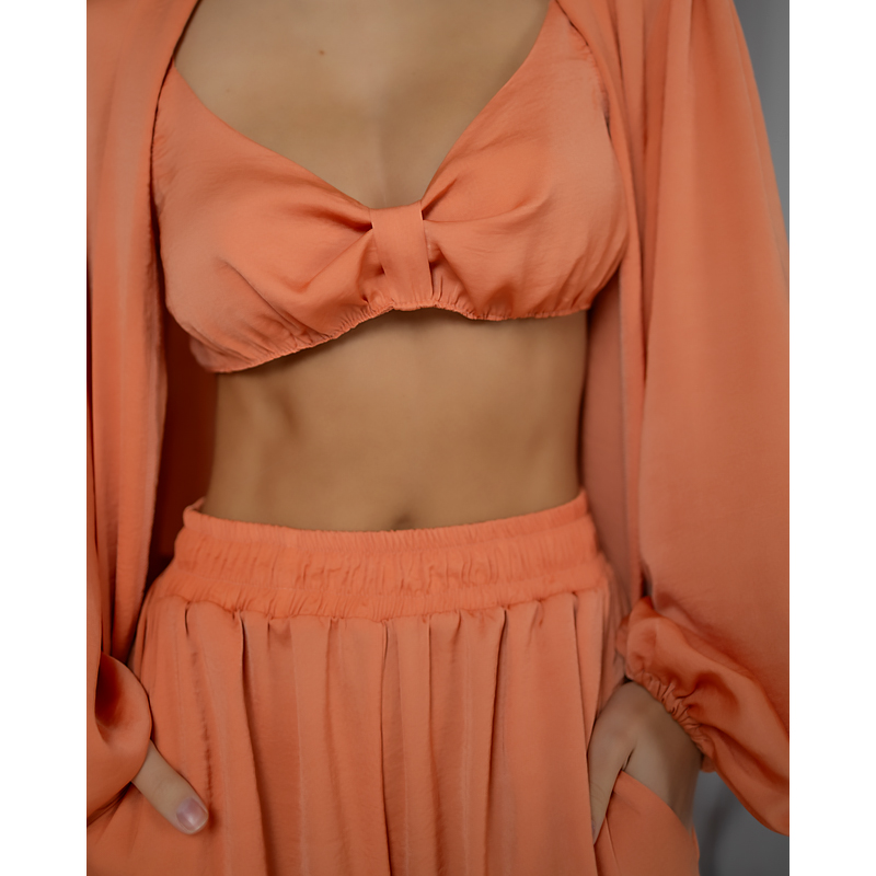 Піжамний костюм-трійка Diana шовк віскоза (бра+халат+штани) помаранчевий S-M (30107) large popup