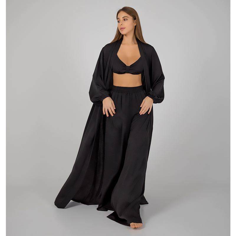 Піжамний костюм-трійка Diana шовк віскоза (бра+халат+штани) чорний S-M (30109) large popup