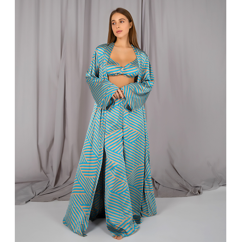 Піжамний костюм-трійка Helen італійський шовк (бра халат штани) блакитний S-M (30106) large popup