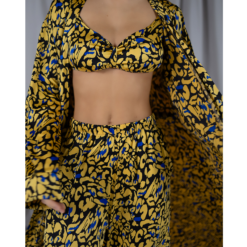 Піжамний костюм-трійка Helen італійський шовк (бра халат штани) жовтий L-XL (30104) large popup