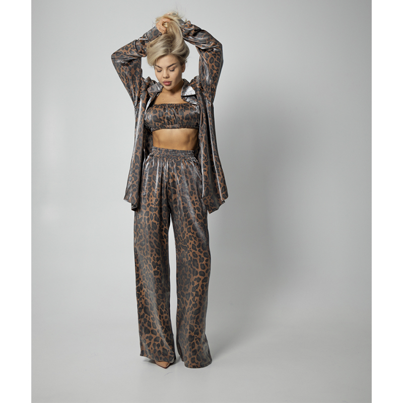 Піжамний костюм-трійка Leopard (сорочка+топ+штани) полірований штапель коричневий, р.М-L (30119) - 169300 large popup