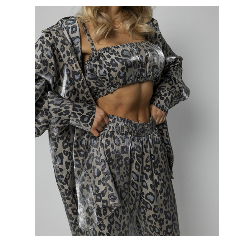 Піжамний костюм-трійка Leopard (сорочка+топ+штани) полірований штапель сірий, р.S-M (30120) - 169222 large popup