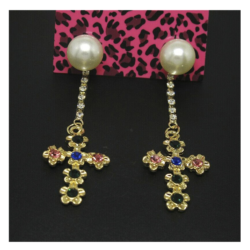Сережки- гудзики Хрестики з перлами та кристалами Betsey Johnson large popup