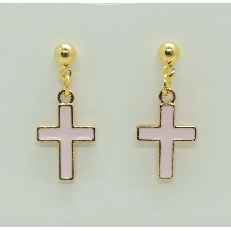 Сережки Liresmina Jewelry сережки-гудзики (пусети) Рожеві Хрестики емаль 2.3 см, золотисті large popup