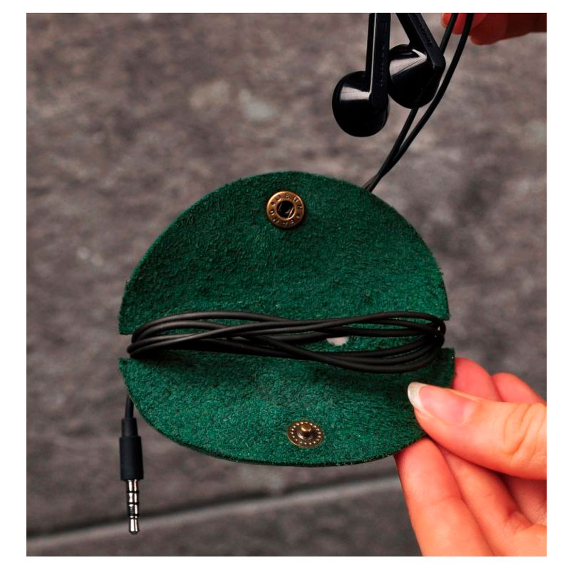 Шкіряний холдер для навушників та проводів зелений large popup