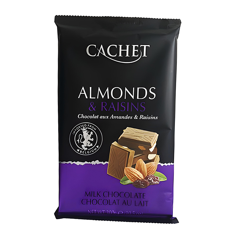 Шоколад молочний Cachet Кашет Almonds and Raisins з мигдалем та родзинками, вміст какао 54%, 300 г, large popup
