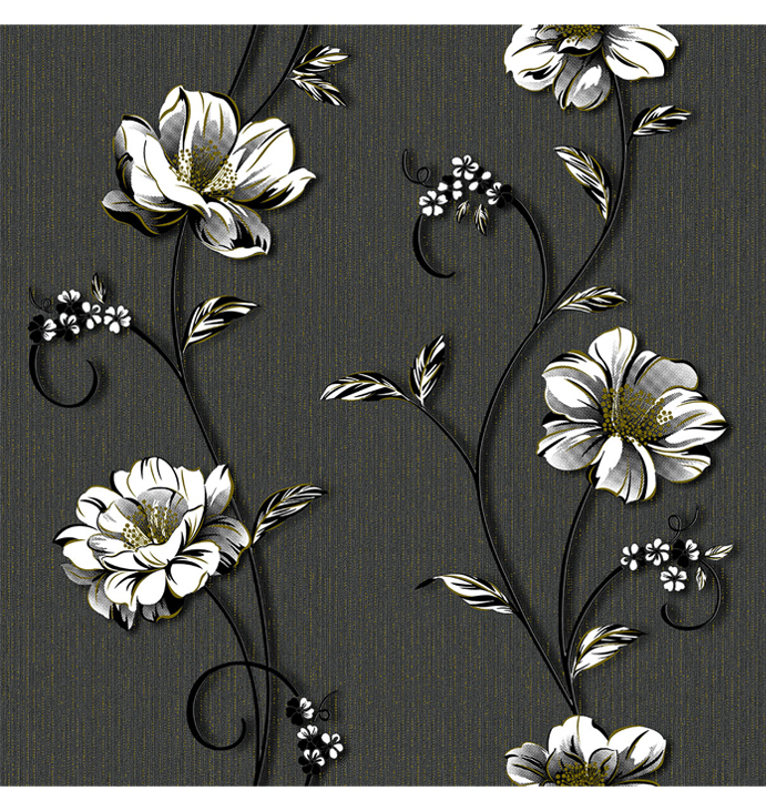 Шпалери Kontinent, Демі, білі квіти чорний фон, сімплекс, 5.32м²*10.05м*53см (1261) large popup