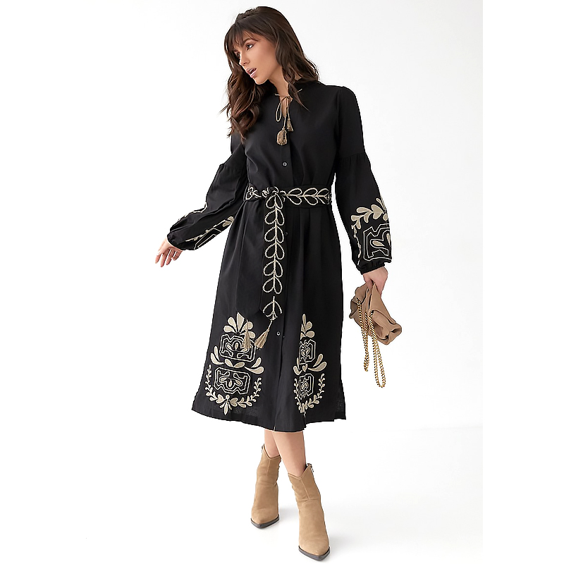 Сукня вишиванка sofi_dream на ґудзиках з поясом, жіноча, чорна, р.L (5313) large popup