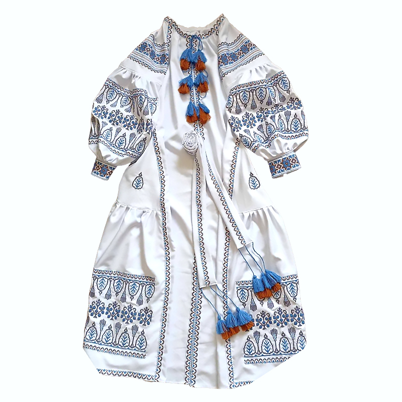 Вишита жіноча сукня Liko, сукня-вишиванка ручна робота, біла з блакитним орнаментом, р.58 (L1/L14) large popup