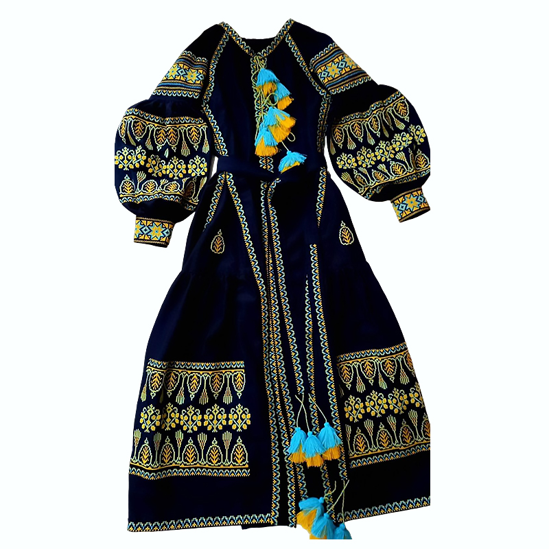 Вишита жіноча сукня Liko, сукня-вишиванка ручна робота, темно-синя з жовтим орнаментом, р.46 (L1/L13 large popup