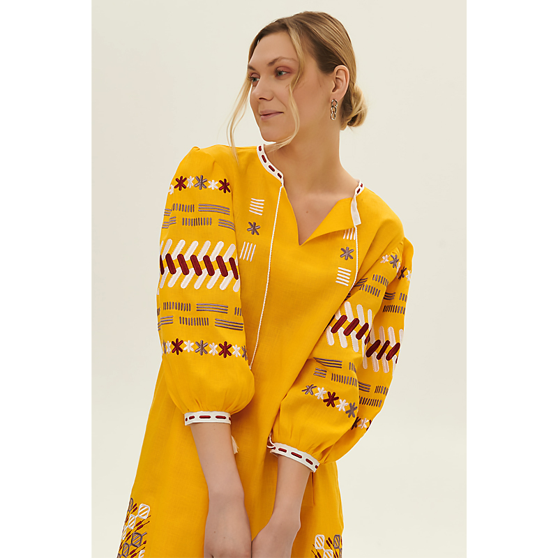 Вишиванка Ukrglamour,  жіноча лляна вишита сукня Лютнева, жовта, р.S-M (UKR-4242)  large popup