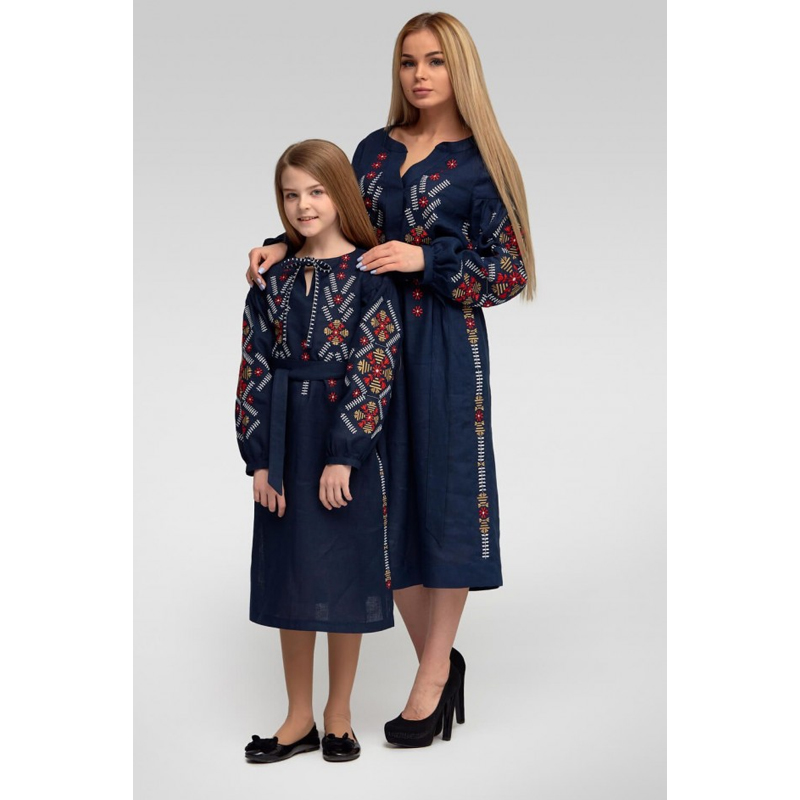 Вишиванка Ukrglamour,  жіноча лляна вишита сукня Navy blue 3, р.XХL/52-54 (UKR-4178)  large popup