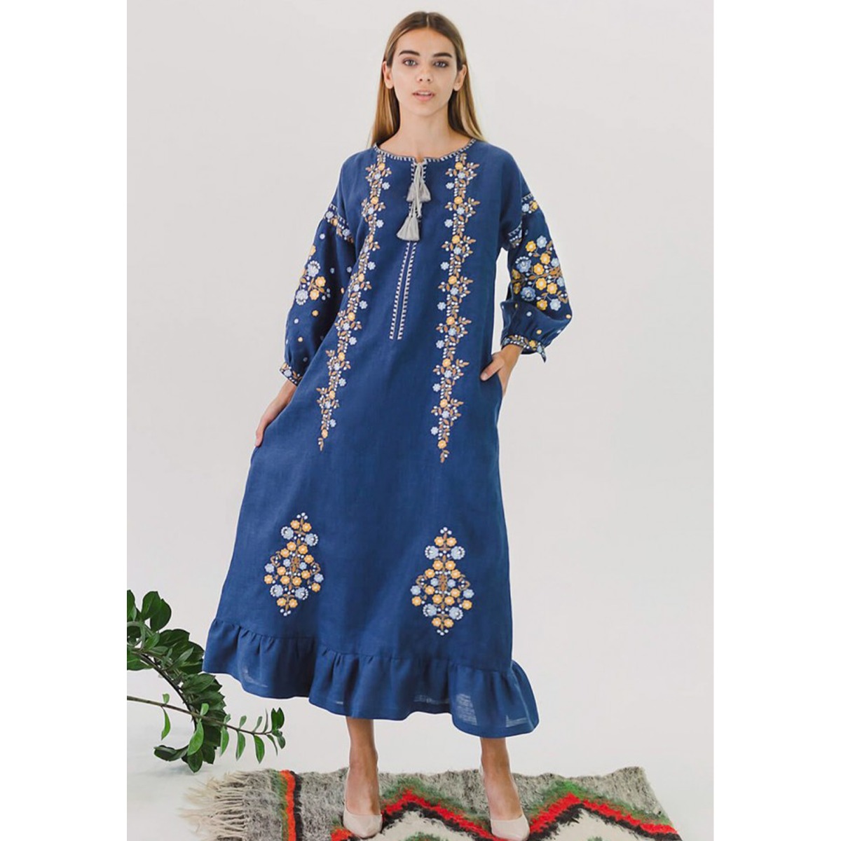 Вишиванка Ukrglamour, жіноча лляна вишита сукня Blue 3, р.XS/40-42 (UKR-4191) large popup