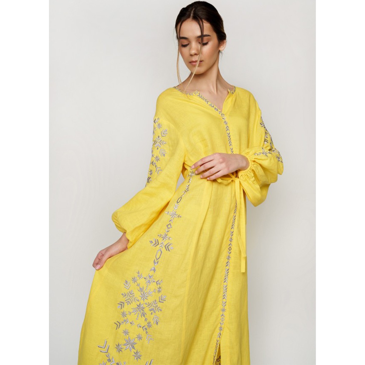 Вишиванка Ukrglamour,  жіноча лляна вишита сукня Yellow, р.XS  (UKR-4196) large popup