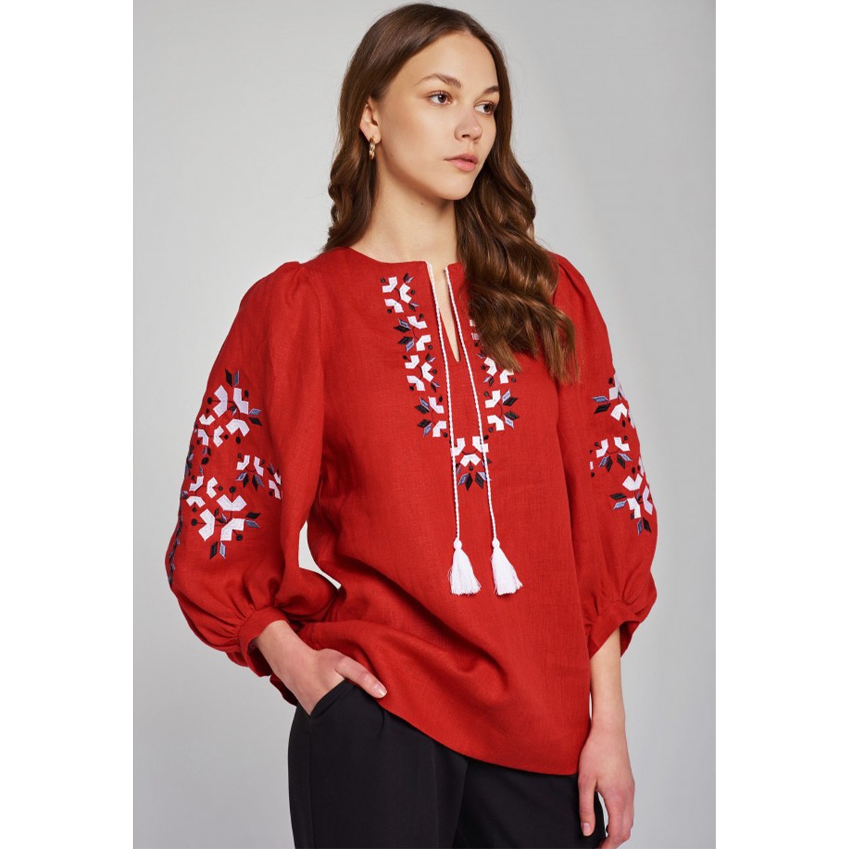 Вишиванка Ukrglamour, жіноча лляна вишита блуза, red (UKR-5238) large popup