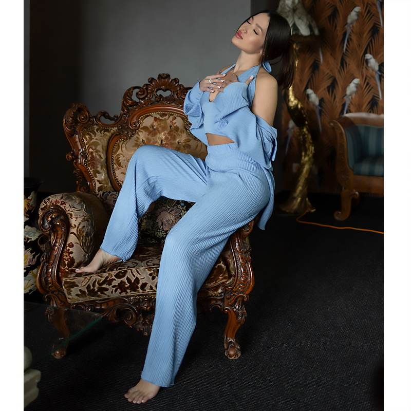Жіночий костюм-трійка Dominica (сорочка топ штани) віскоза жатка блакитний M (20748) large popup
