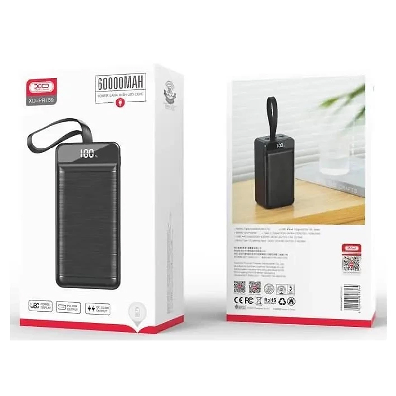 Зовнішній акумулятор XO PR159 60000 mAh (PD 20W USB QC22.5W) Black large popup