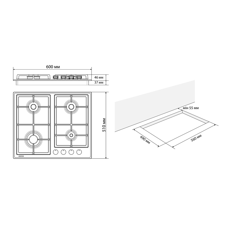 Поверхня газова ELEYUS NIKA 60 WH CWF large popup