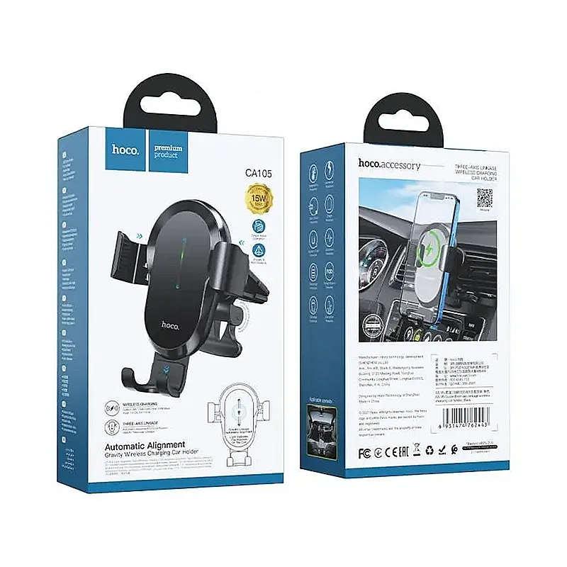 Тримач для телефону HOCO CA105 Guide three-axis linkage wireless charging car holder Black