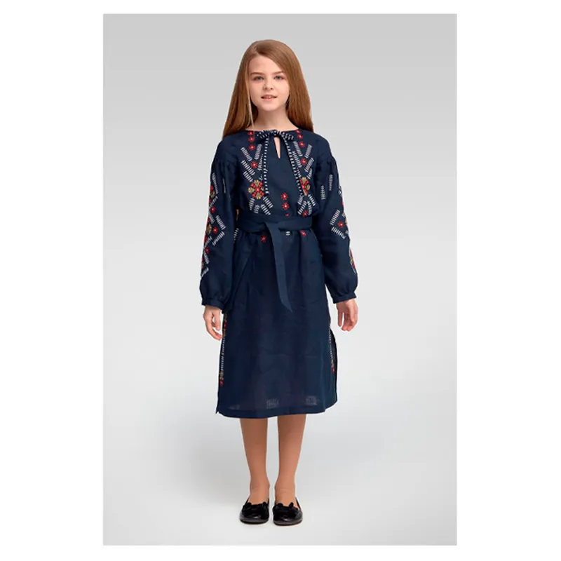 Вишиванка Ukrglamour, для дівчинки вишита сукня з довгим рукавом Dark blue, р.110 (UKR-0219)