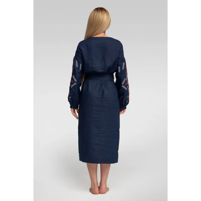 Вишиванка Ukrglamour,  жіноча лляна вишита сукня Navy blue 3, р.XХL/52-54 (UKR-4178) 