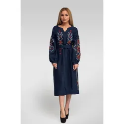 Вишиванка Ukrglamour,  жіноча лляна вишита сукня Navy blue 3, р.XХL/52-54 (UKR-4178)  thumbnail mobile