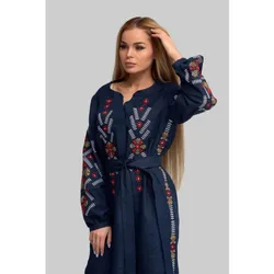 Вишиванка Ukrglamour,  жіноча лляна вишита сукня Navy blue 3, р.XХL/52-54 (UKR-4178)  thumbnail