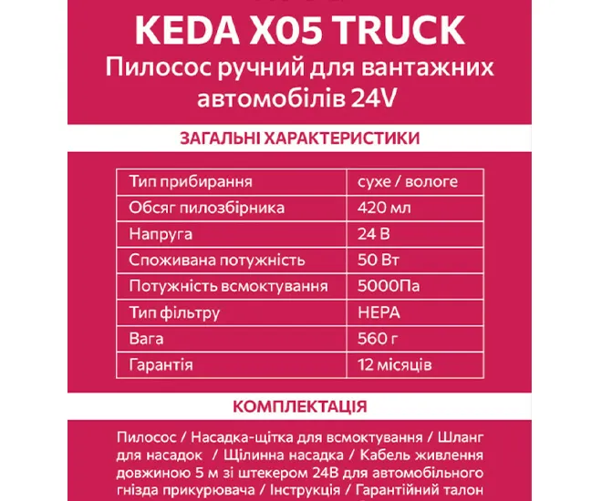 Пилосос Keda X05 автомобільний, 24V