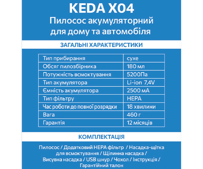 Пилосос Keda X04 автомобільний, бездротовий large popup