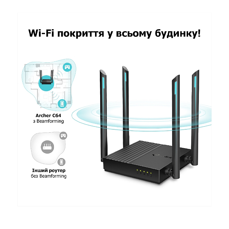 Бездротовий маршрутизатор TP-Link Archer С64 AC1200 дводіапазонний, гігабітний WiFi роутер large popup