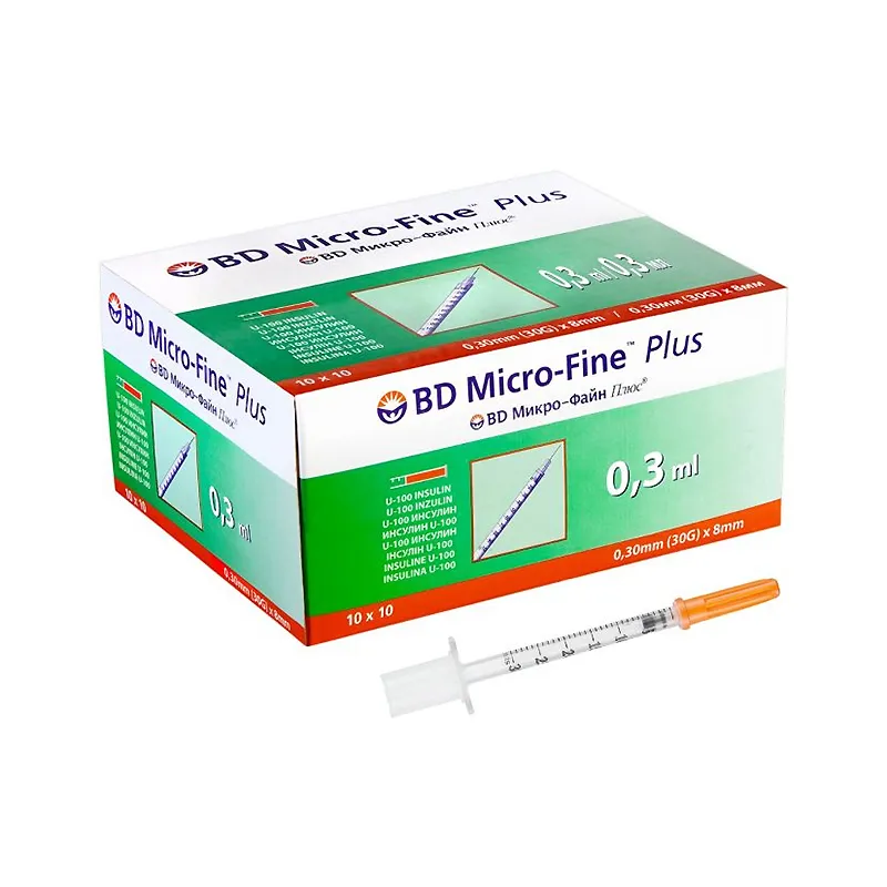 Шприци інсулінові BD Micro-Fine™ Plus DEMI 0,3 мл, ІНСУЛІН U-100, з голкою 0,30мм (30G)x8мм, уп.10шт