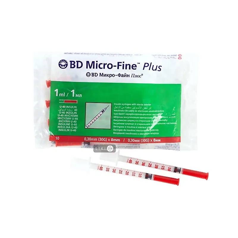 Шприци інсулінові BD Micro-Fine™ Plus 1мл, ІНСУЛІН U-100, з голкою 0,30мм (30G)x8мм, уп.10шт